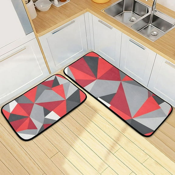 Artistic Triangle Geometry Red Kitchen Rugs Set Non Slip Mats Runner for Dining Room