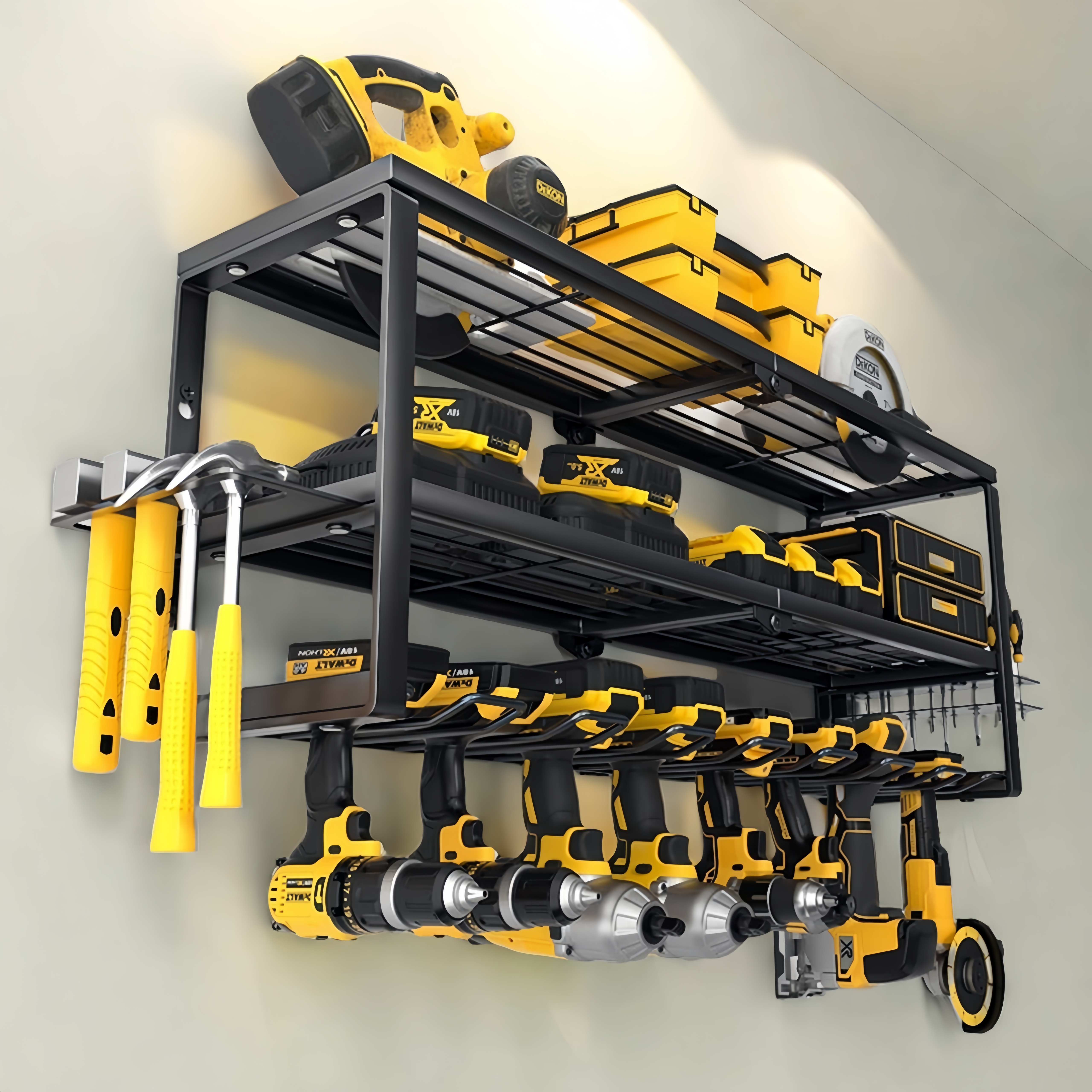 150LB Heavy Duty Wall Mount Drill Holder - 3 Tier Metal Organizer w/7 Hooks - Holds 5 Drills & Accessories - Space Saving Garage Storage