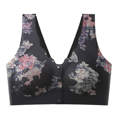Hessimy Women s Front Button Closure Bra Comfort Full-coverage Bra Senior Front-Closing Wirefree Bra Black L