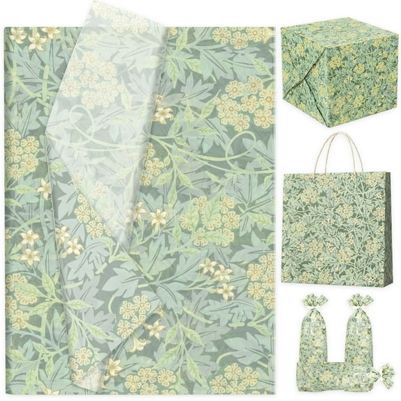 Vintage Floral Green Tissue Paper - Natural Retro Party Decor & Gift Wrapping Supplies