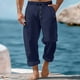 thumbnail image 1 of Pantalones largos para hombre, informales, de playa, de lino, de color liso, holgados, con cordón ajustable y bolsillos con botones, de poliéster., 1 of 9