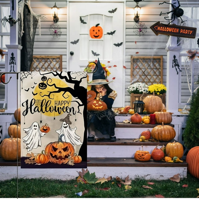 Xihbxyly Bandera de Jardín de Halloween, Diseño Impreso a Doble Cara, Temática de Calabazas y Telarañas, Decoración Festiva para Patio y Puerta, Fácil de Instalar, Tamaño 30 X 45 Cm, Material de Lino