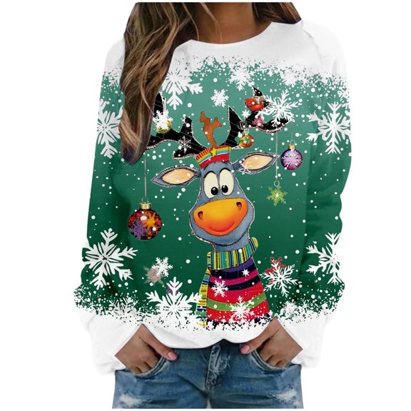 SRZYMJ Christmas Sweaters Ladies Casual Cool Santa Printed Round Neck Long Sleeved Lightweight Hoodie Top