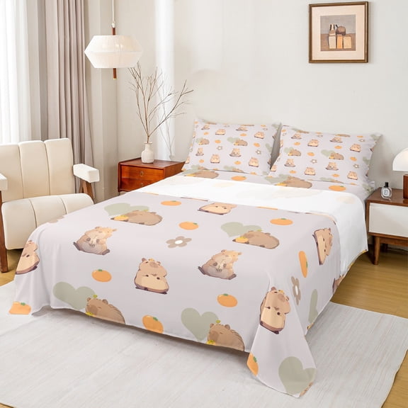 Homewish Brown Capybara 3pcs Twin Sheet Sets For Kids Boys Girls,Kawaii Animal Twin Fitted Sheet,Love Heart Flowers Breathable Flat Sheet,Lightweight Room Decor