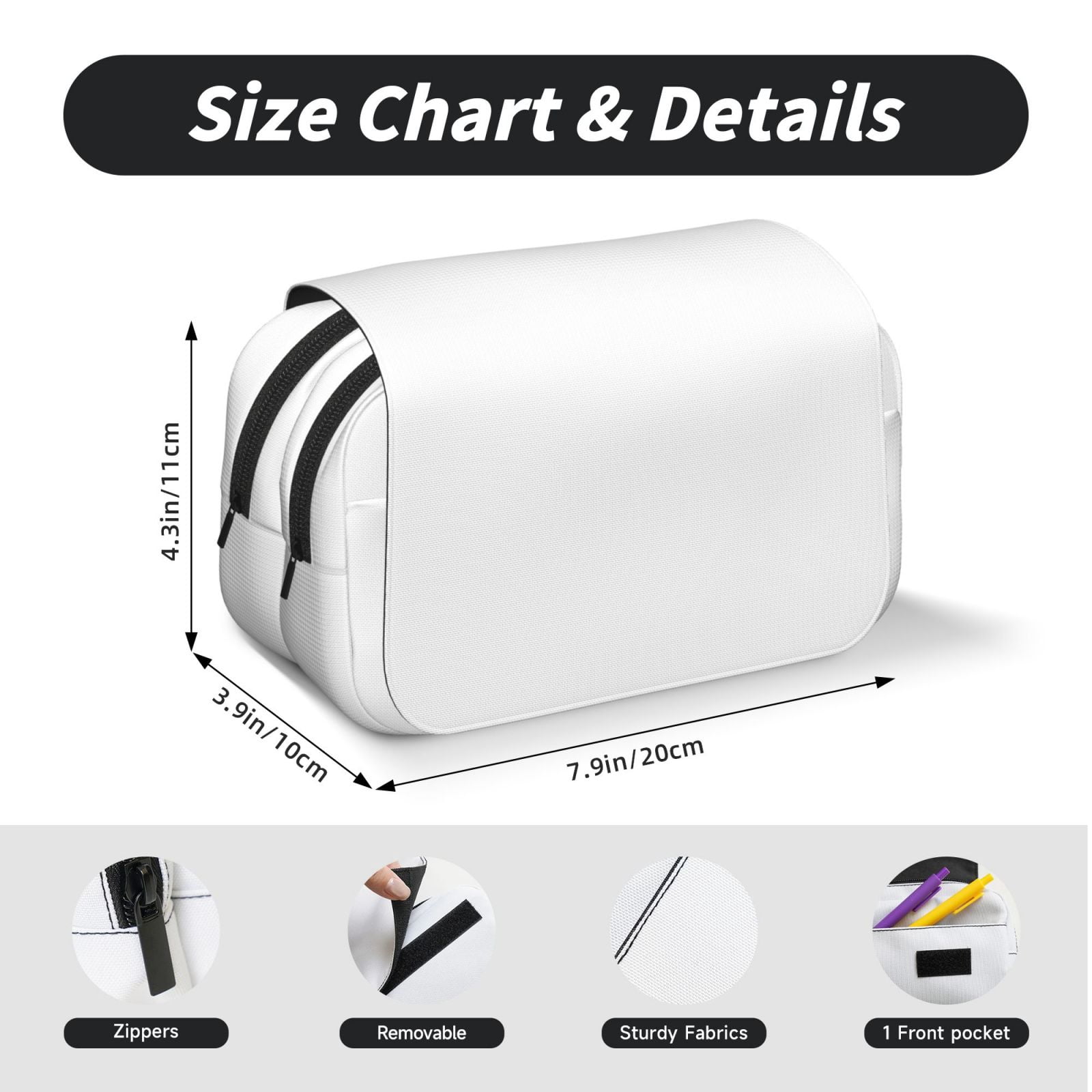 Rateoe White Pattern Double Clamshell Pen Case, Storage Organizer with Two Zipper Compartments– Holds Up to 50 Pencils & Pens