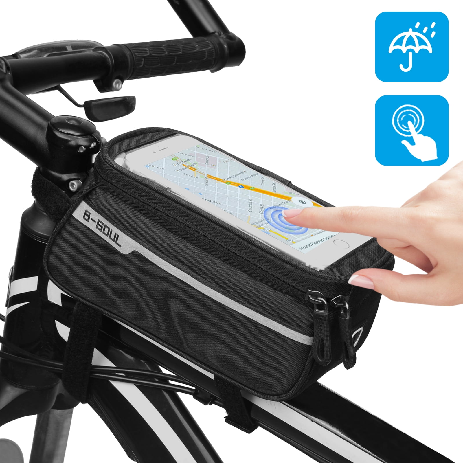 Universal Bicycle Handlebar Twin Bag with Phone Pocket for iPhone or Andriod Phones Bike Top Tube Front Frame Bag with Cell Phone Holder