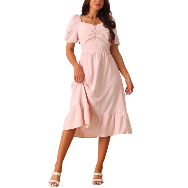 INSPIRE CHIC Vestidos de Verano para Mujeres Casual Flowy Playa Cuello Cuadrado Manga Corta Abullonada Vestido Midi con Espalda Fruncida XL Rosa