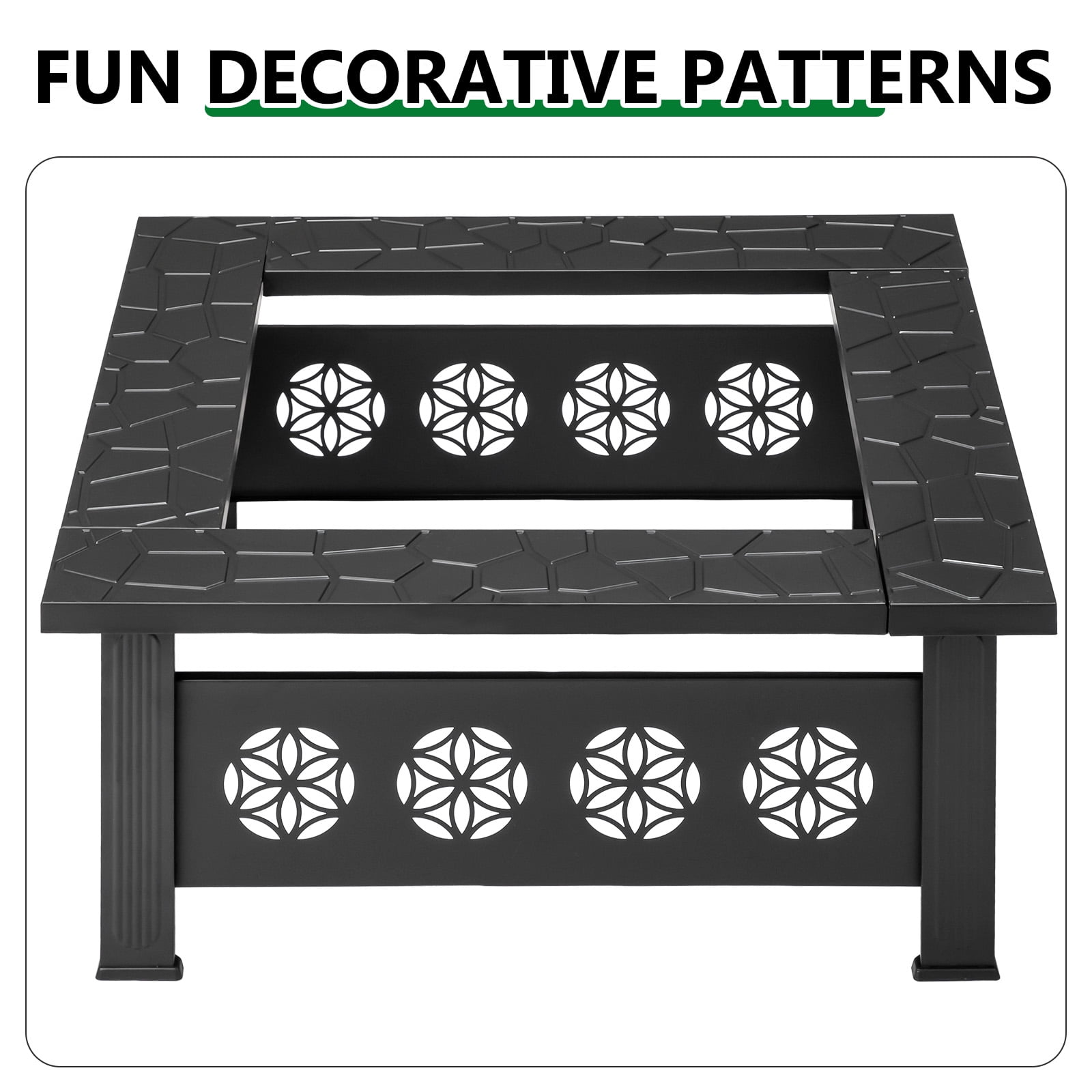 32 Inch Square Outdoor Wood Burning Fire Pit Table, Heavy Duty Wrought Iron Firepit with Pyramid Spark Screen Lid & Fire Poker, Decorative Floral Cutout Patio Fire Pit for Backyard, Garden, Lawn