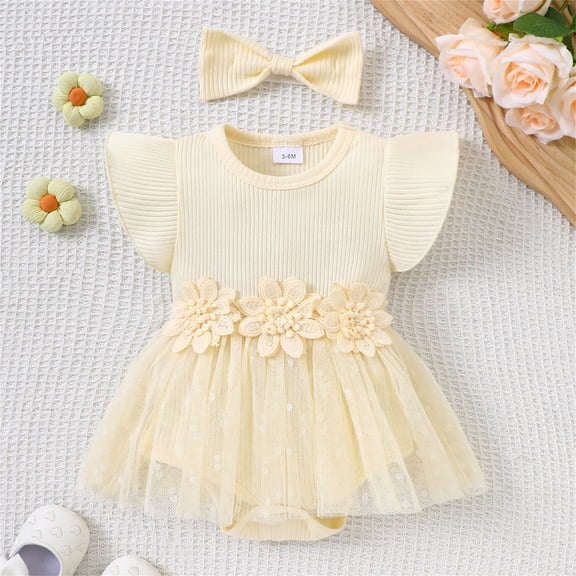 Baby Girl Summer Romper Dress Ruffled Sleeve Flower Embroidery Mesh Skirt Hem Ribbed Bodysuit Twin Girl Baby Outfits Romper Dress for Baby Girls