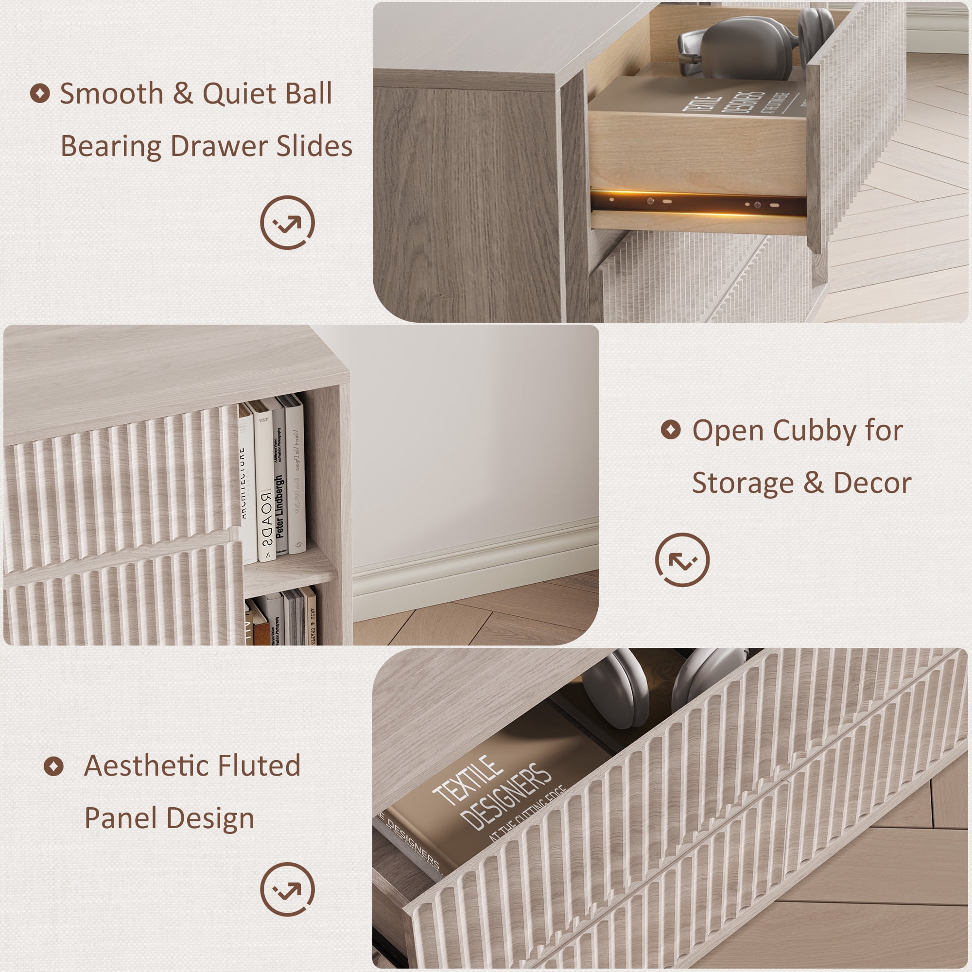 Fluted 6 Drawer Dresser with Shelves, 63'' Wide Bedroom Chest of Drawers, White Alder