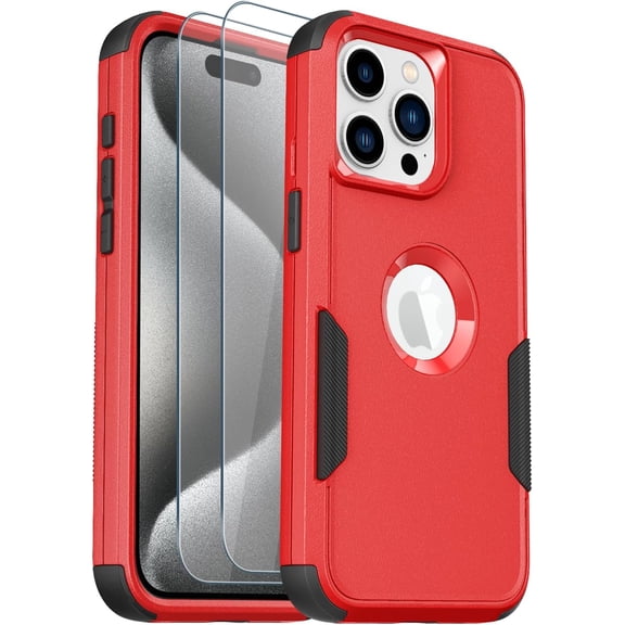 for iPhone 15 Pro Case, [2 Tempered Glass Screen Protector] [10 FT Military Dropproof], Non-Slip Shockproof iPhone 15 Pro Phone Case 6.1 Inch (Red/Black)