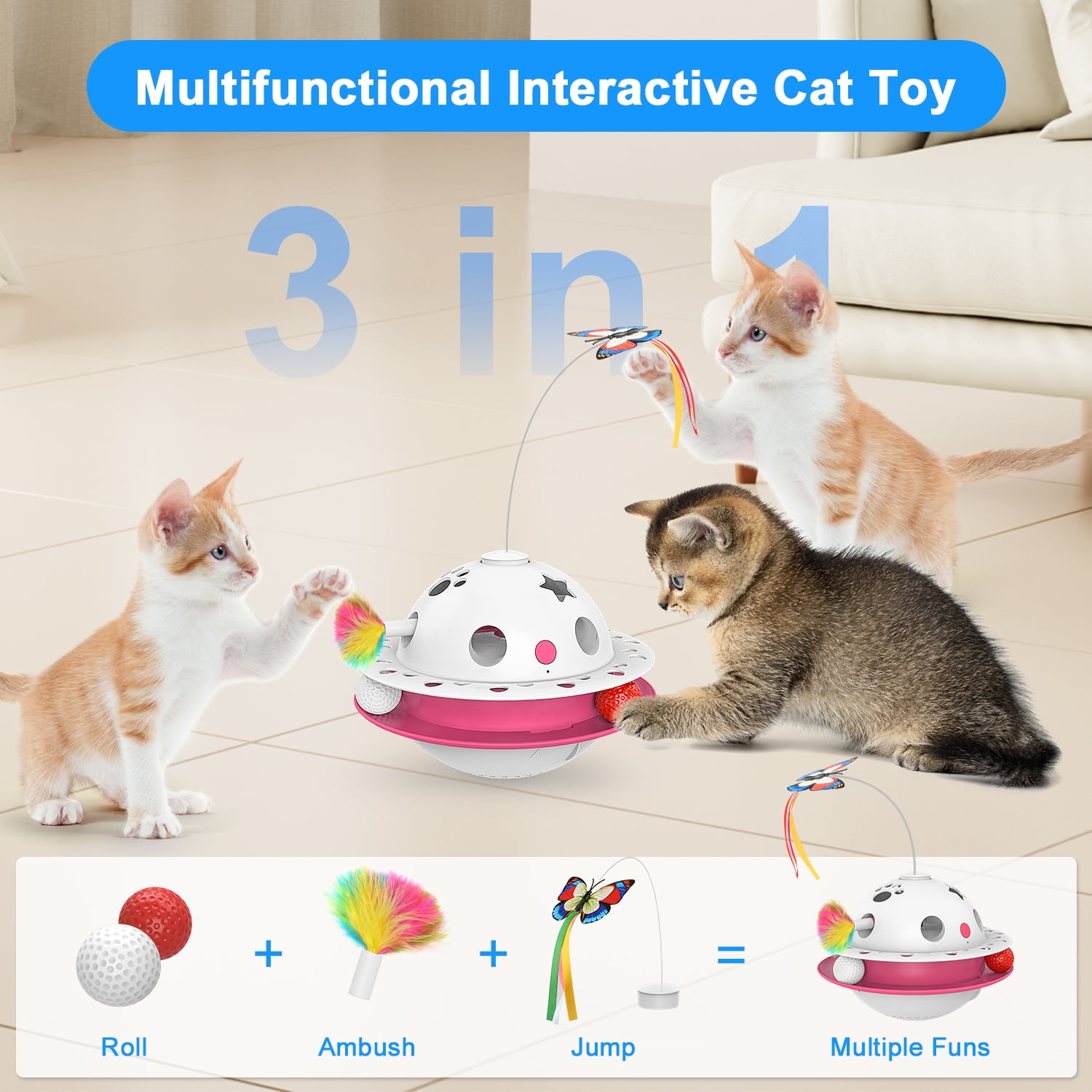 ZZHY Direct 3-in-1 Interactive Cat Toy with Fluttering Butterfly, Ambush Feather & Balls - Automatic Electric Tumbler, Dual Power, Auto on/off for Indoor Cats