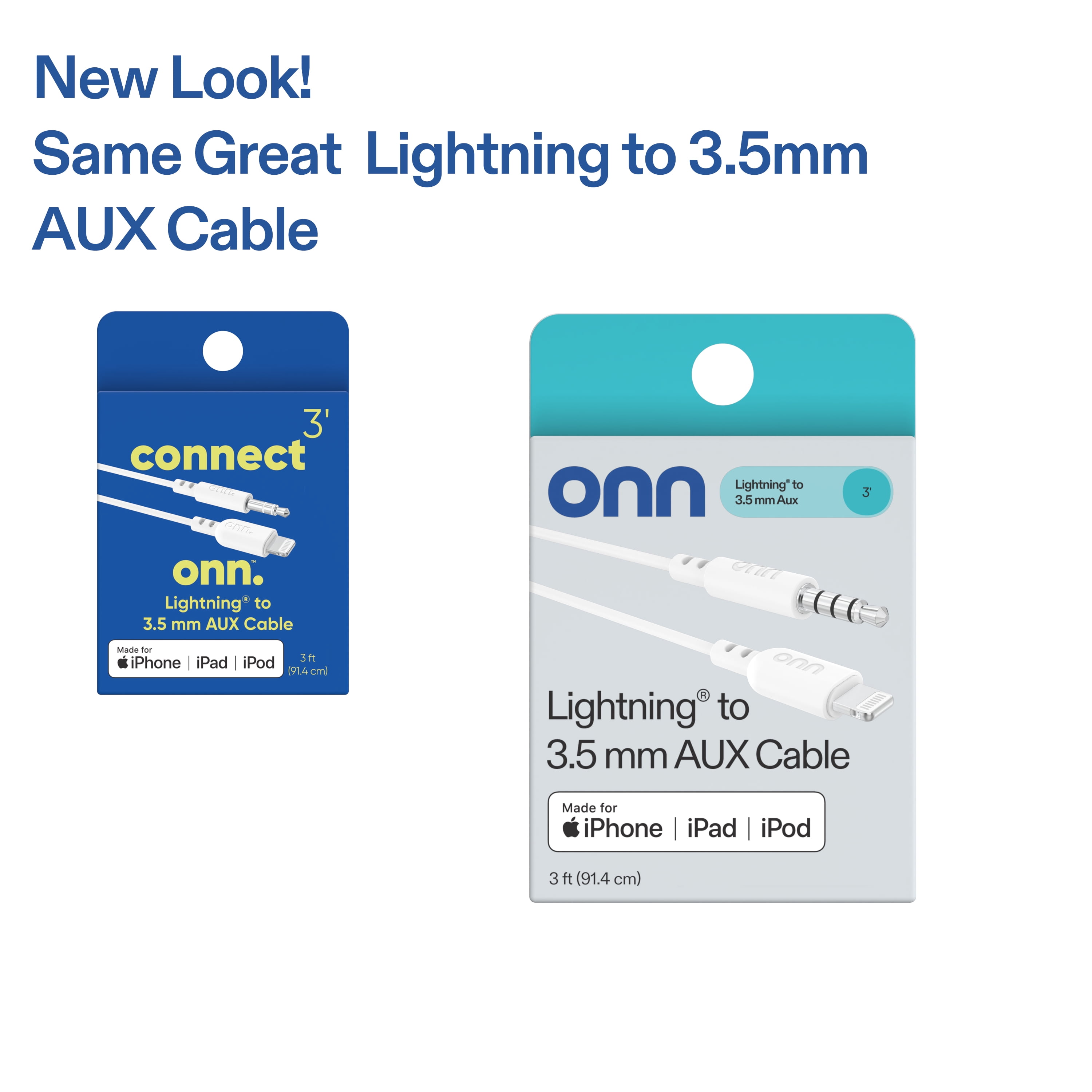 (2 pack) onn 3' Lightning to 3.5 mm Audio AUX Cable for iPhone iPad