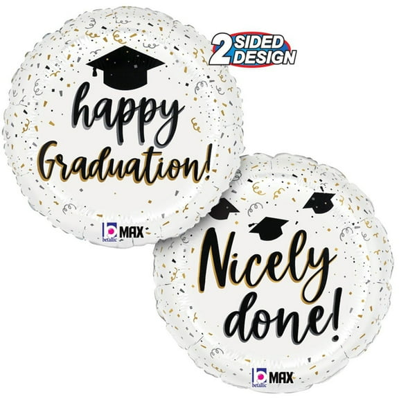 Betallic Satin Happy Graduation Confetti 18IN Round Jr Shape Foil Balloon, White Black