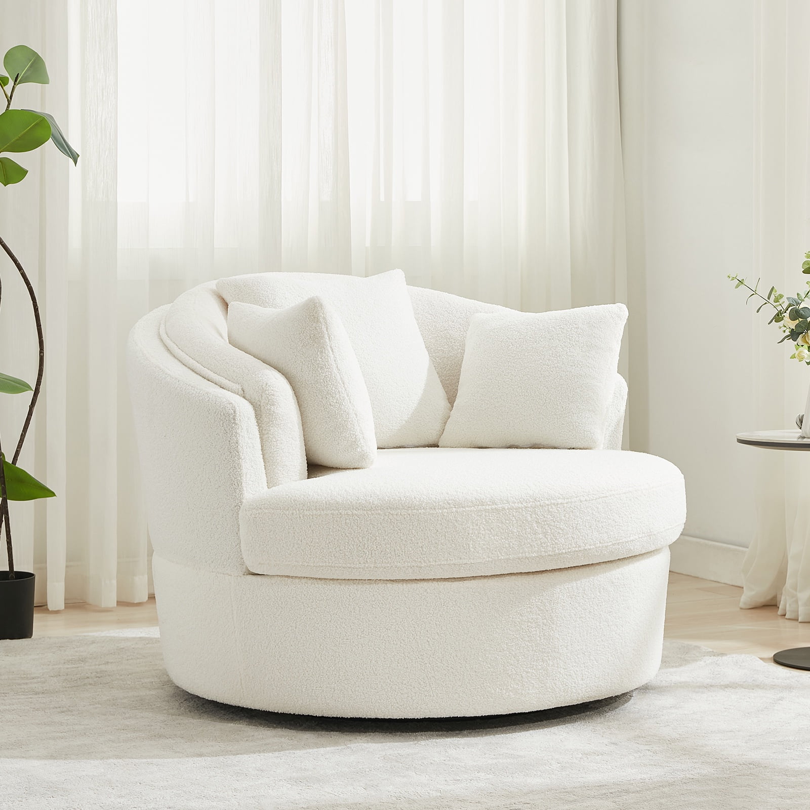 BRILHAMEZ Modern Oversized 360° Swivel Accent Chair, Cozy Lambswool Fabric Round Cuddle Chair Single Sofa Lounge Chair for Living Room and Bedroom,White