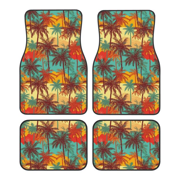 Balery Colorful Hawaii Palms Juego de 4 Alfombrillas para Auto, Revestimientos de Caucho Resistente, Diseño Antideslizante