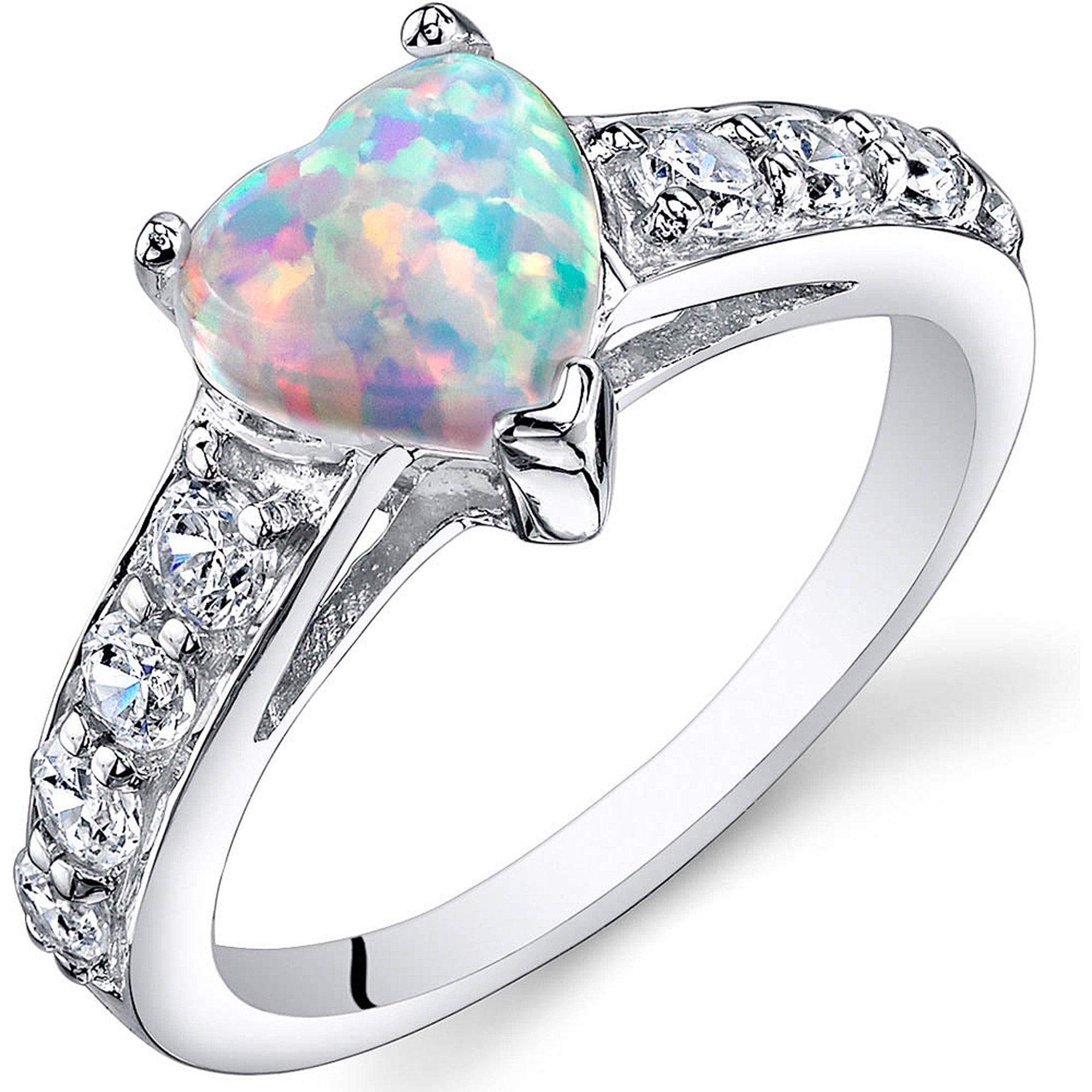 ACEFEEL 925 Sterling Silver Heart Shaped White Opal Engagement Promise Band Ring 