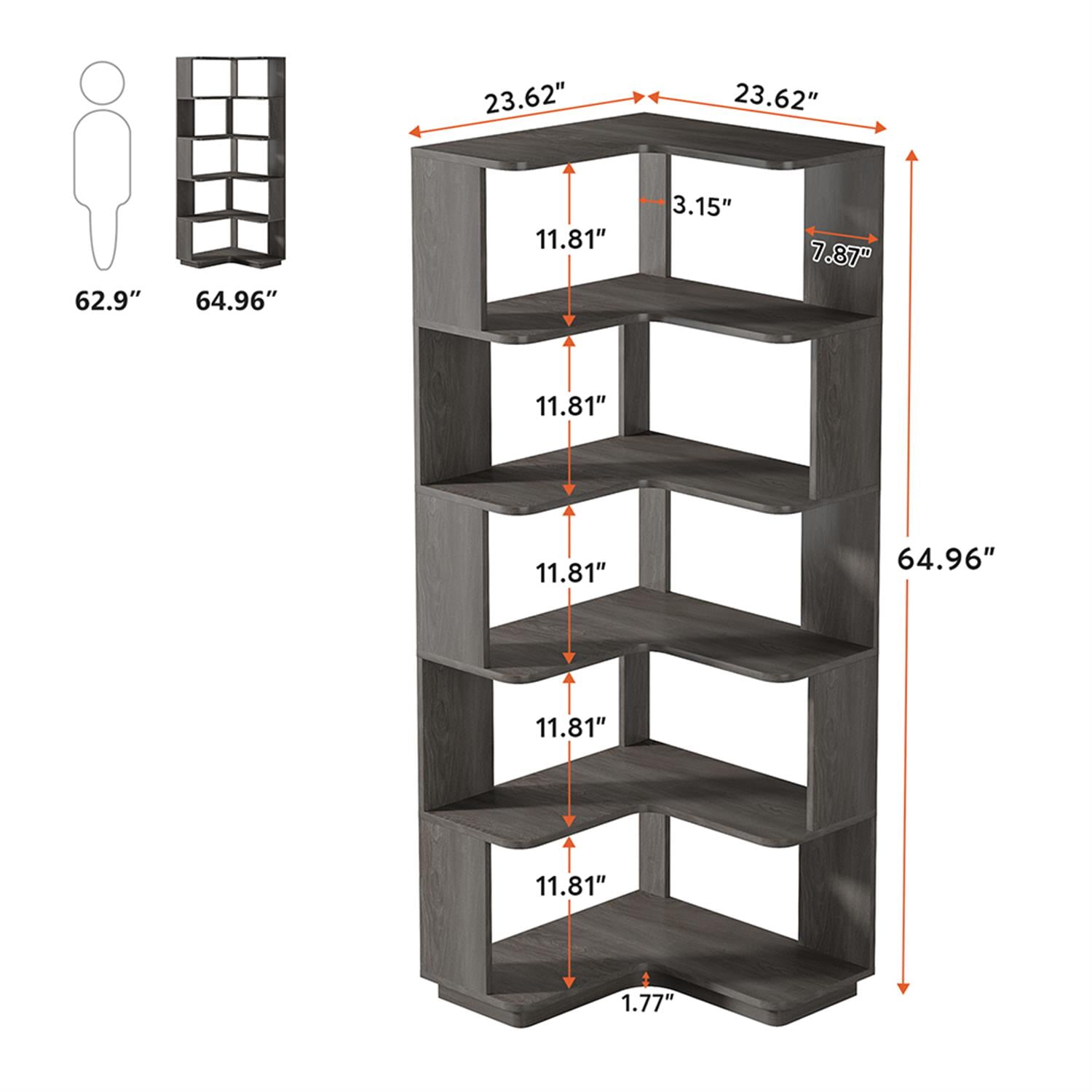 Demi Bonn 6 Tier Bookshelf with Anti-Drop Panel, Corner Bookcase Storage Organizer, 64" Tall Display Standing Shelf Unit for Bedroom, Living Room, Dark Gray