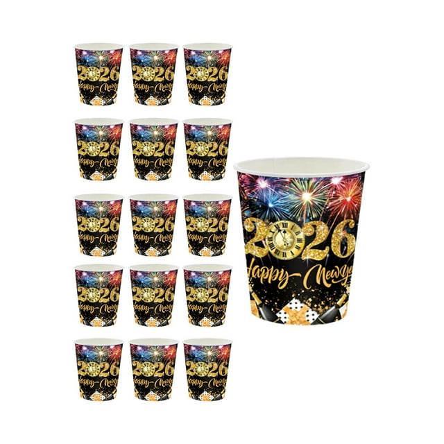 Disposable Black And Gold 2026 New Year Party Tableware Set With 7 in And 9 in Paper Plates Cups And Tissues