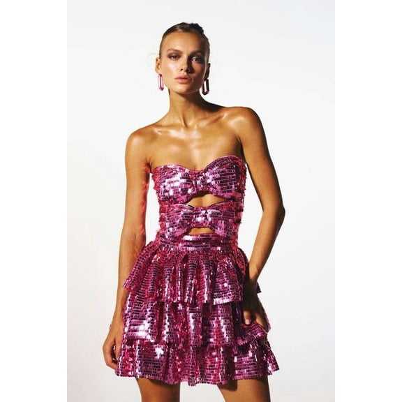 Sequin Strapless Dress with Ruffle Details (S, Rose)