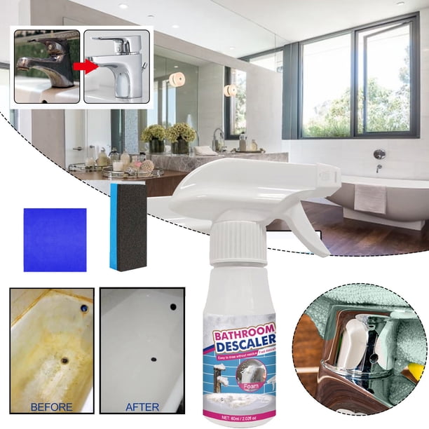 Limpiador de ducha y removedor de cal | Quitamanchas multifuncional para vidrios y azulejos de baño | Spray limpiador de inodoros fuerte | Aroma a limón | Botella de 60ml + paño + esponja