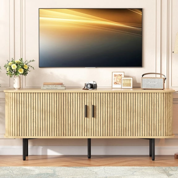 55" TV Stand for TVs up to 65",Mid Century Entertainment Center with Storage and Adjustable Shelves,Fluted Sliding Doors Media TV Console for Living Room,Natural Oak