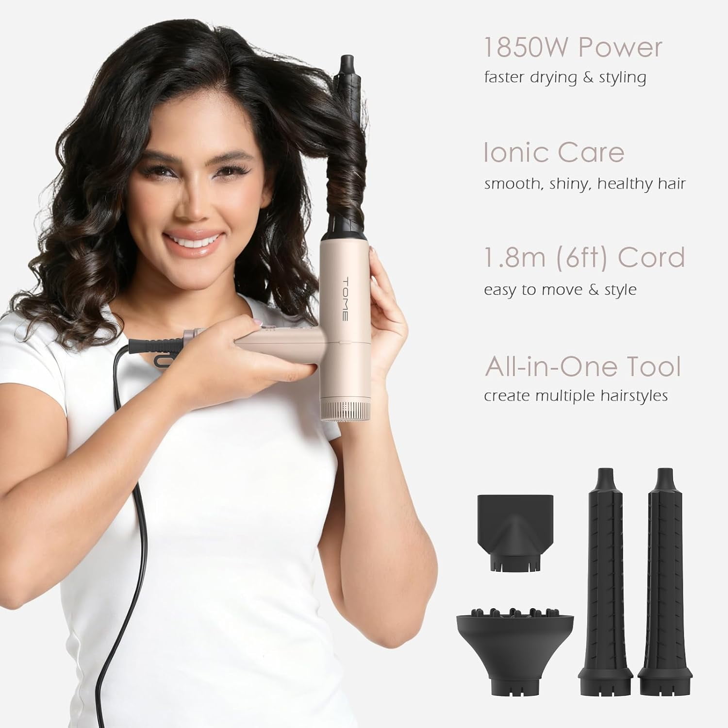 TOME Hair Dryer with Diffuser 1875W High Speed Ionic Blow Dryer 110000 RPM with Air Curling Wands Nozzle,Pink