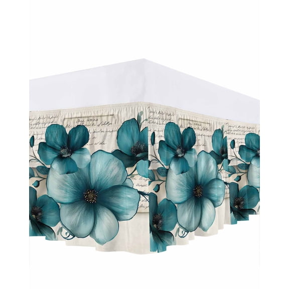 Watercolor Blue Flowers Bed Skirt Queen Size 16" Drop Butterfly Plant Retro Style Ruffled Wrap Around Bed Skirts Adjustable Elastic Bedskirt Dust Ruffle for Queen Size Bed