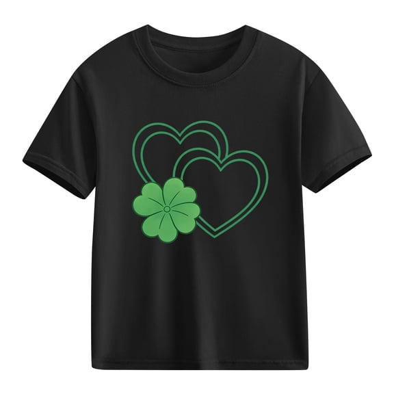 St. Patrick's Day Shirt for Girls Kids Clover Print T-Shirt Short Sleeve Soft Cotton Tee Black,Size 5 T
