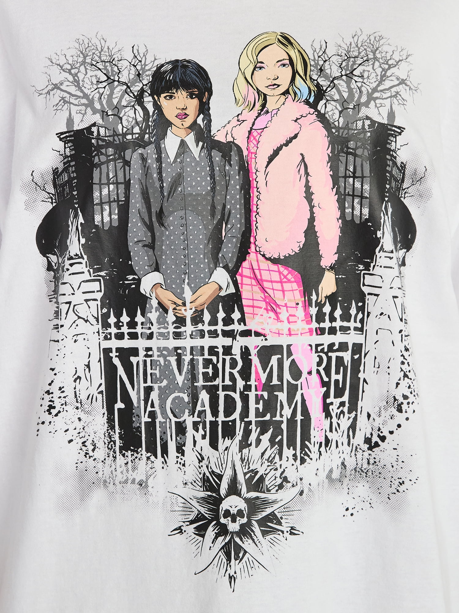 Wednesday Addams Women’s Nevermore Academy Cotton Graphic Tee with Short Sleeves, Sizes XXS-2XL