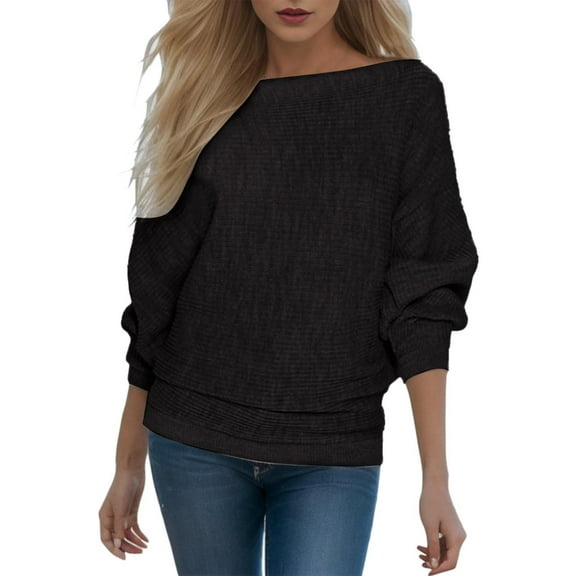 Long Sleeve Shirts for Women T Shirts Fall Tops Long Batwing Sleeve Boat Neck Baggy Slouchy Pullover Sweaters Work Blouses Dressy Casual Black L