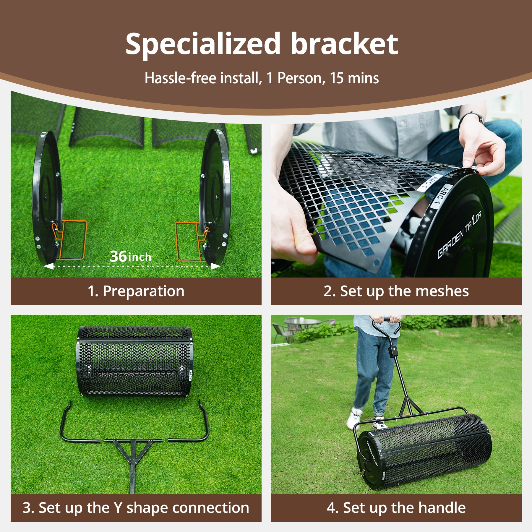 Garden Tailor 36-inch Towable Metal Mesh Roller  for Compost, Peat Moss, Top Soil, and Top Dressing with Installation Support Accessories