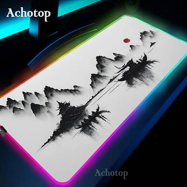 Black And White RGB Laptop Gamer Mousepad Gaming Mouse Pad Mountain Serenity Large Rug Keyboard 100x50 LED Desk Mat With Backlit