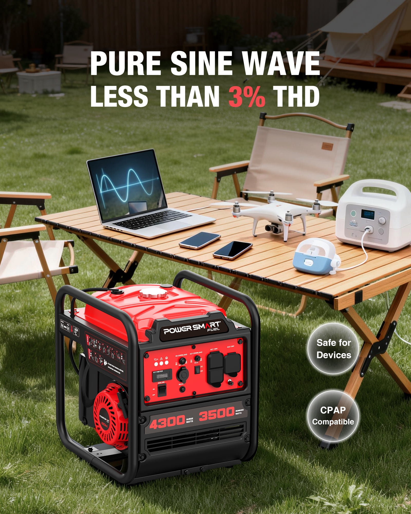 PowerSmart 4300-Watt Portable Inverter Generator, 3500 Rated Watts, 223cc Gas Powered Engine, 30A RV-Ready, EPA Compliant for Home Backup, Camping & Emergency