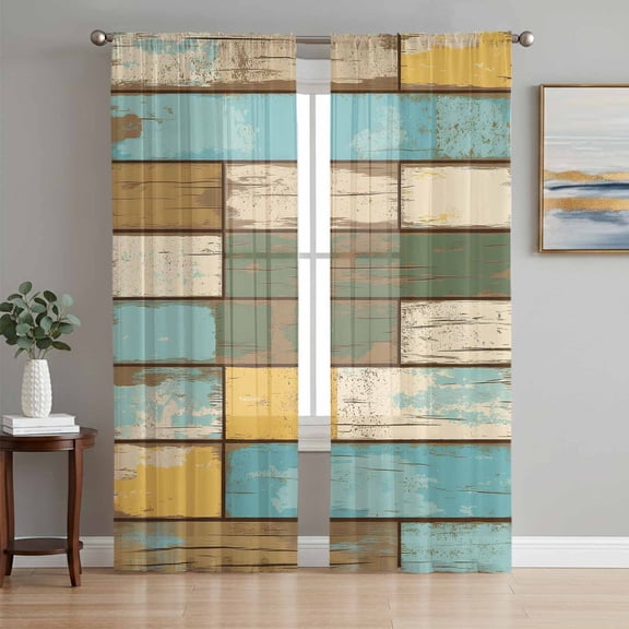 Brown Blue Vintage Sheer Curtains 72 Inch Length 2 Panels Set Window Treatments, Retro Farmhouse Elegant Pastoral Rod Pocket Semi Curtains for Living Room/Bedroom/Kitchen Décor, 104"W x 72"L