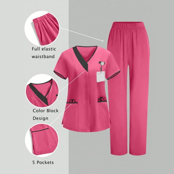 RKSTN Scrubs for Women Nurse Uniform Set Color Block V Neck Short Sleeve Pocketed Scrubs Top Elastic Waistband Pants with Pockets Healthcare Workwear Protective Suit Scrubs Two Piece Set