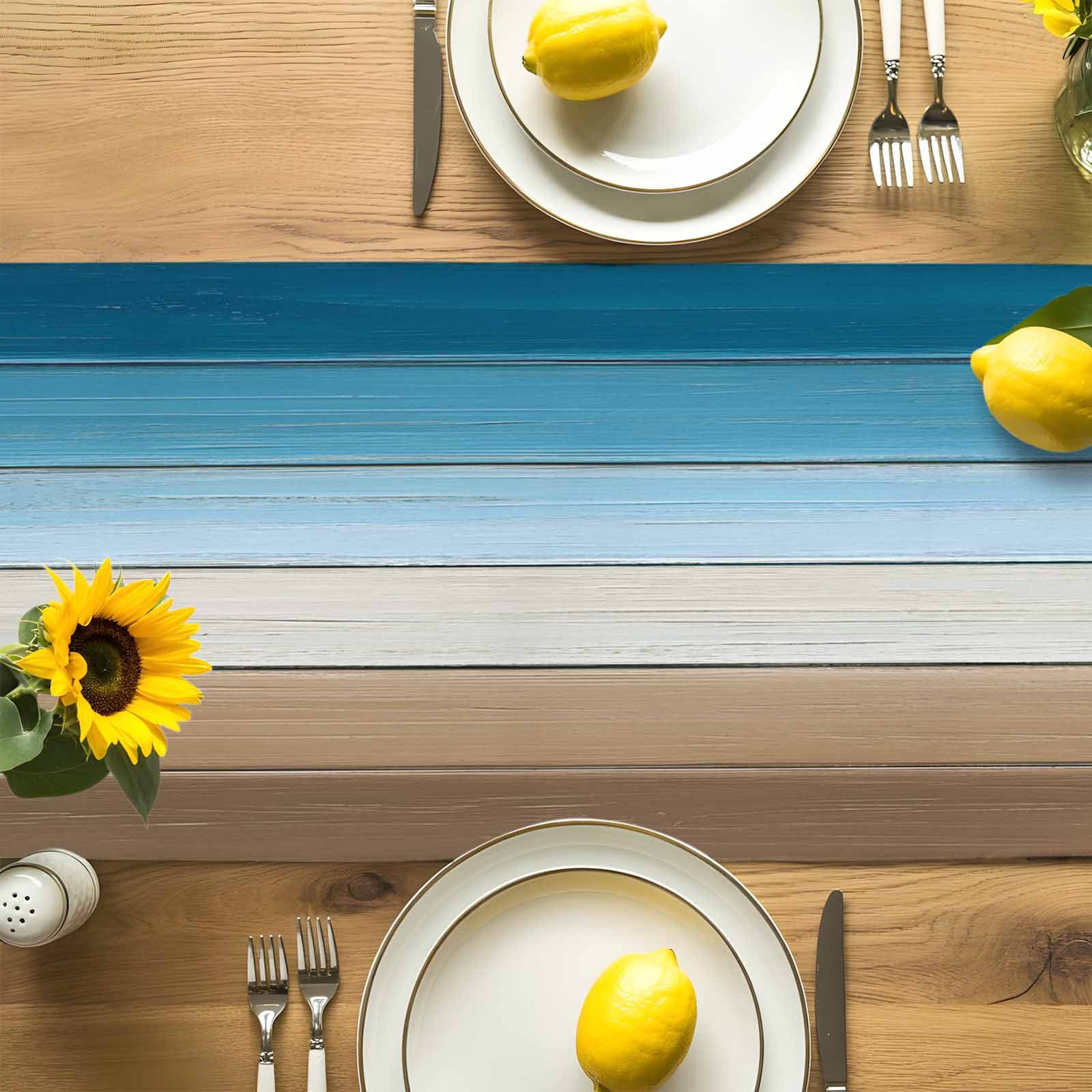 Watercolor Blue Gradient Wood Board Table Runner 90 Inches Long, Farm Brown Wooden Table Runners Tabletop Scarf Kitchen Dining Tables Decoration for Home Party Indoor Outdoor