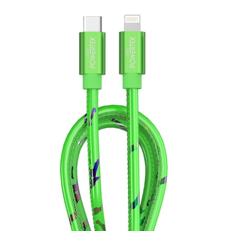 Liquipel Powertek USB C Lightning iPhone Charger Cable [MFI Certified], 6ft Fast Charging, Neon Party