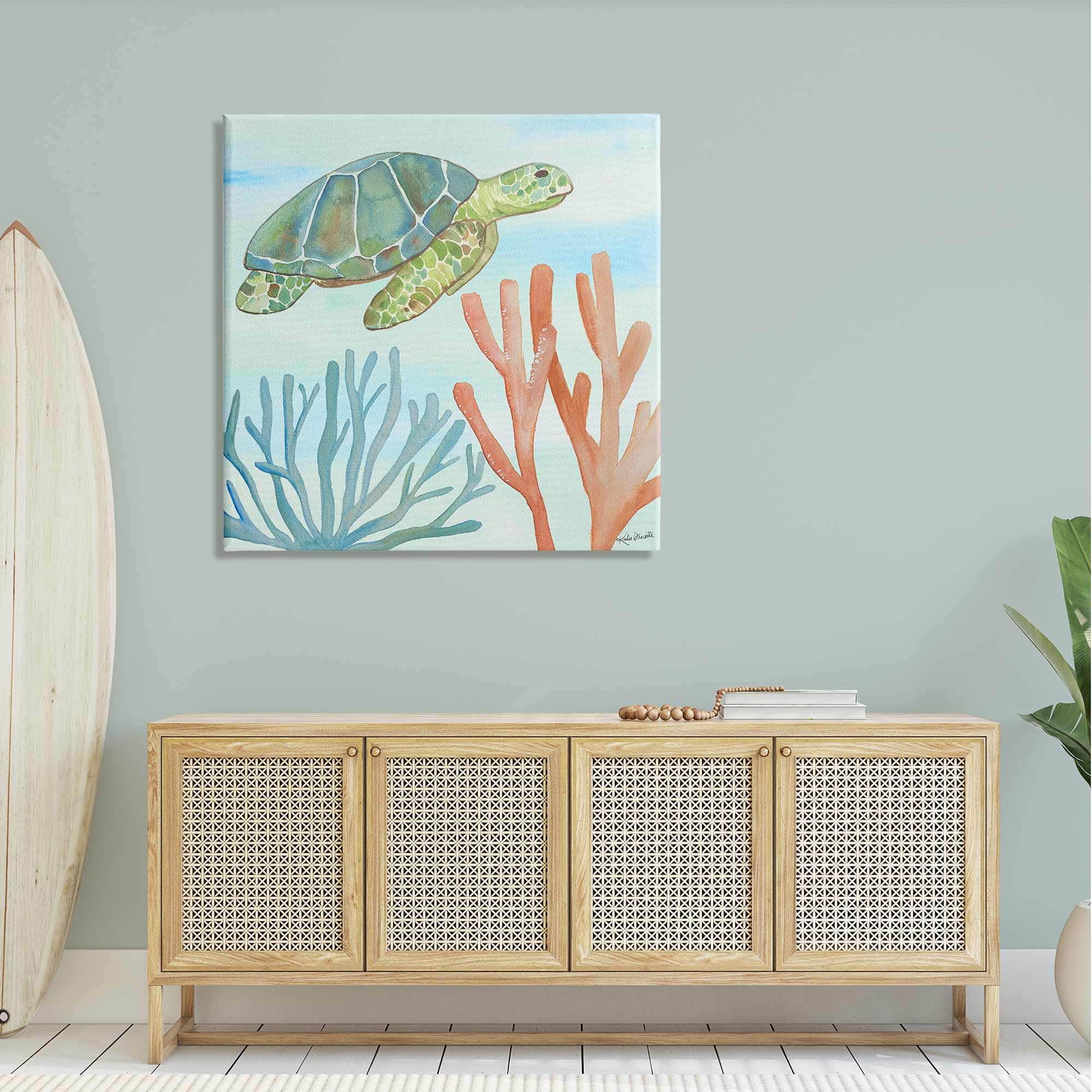 Stupell Industries Green Sea Turtle Floating Underwater Ocean Coral Canvas Wall Art, 36 x 36, Design by Katie Doucette