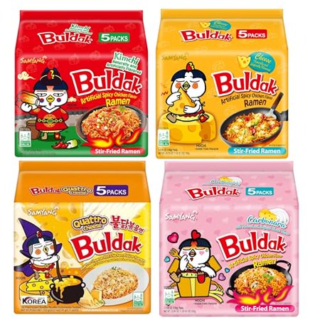(20 Packs) Buldak Korean Ramen Noodle Bundle of 4 Flavors (20 packs total) - Carbonara, Cheese, Quattro Cheese, Kimchi