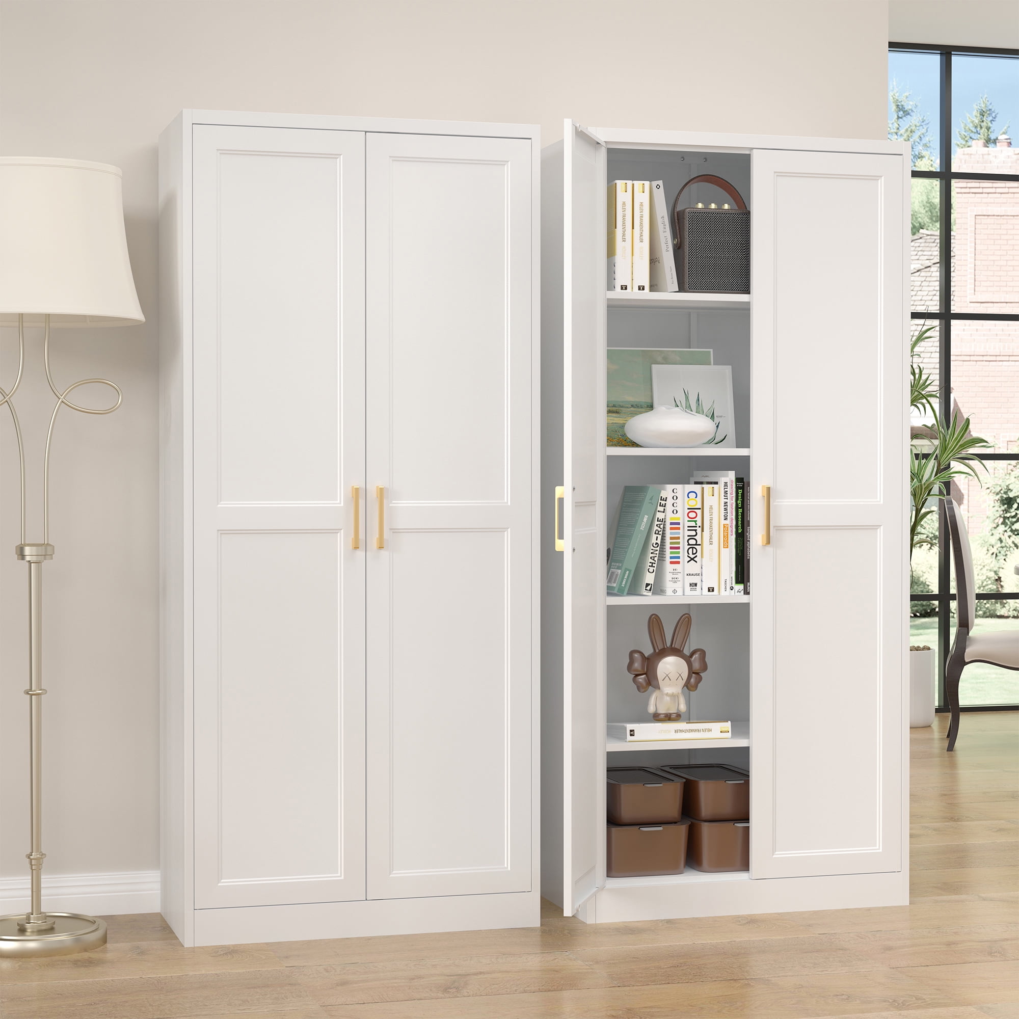 Polup 71" Height Metal White Storage Cabinet, Modern Tall Steel Pantry Cupboard with 2 Doors and Adjustable Shelves for Kitchen Garage and Home