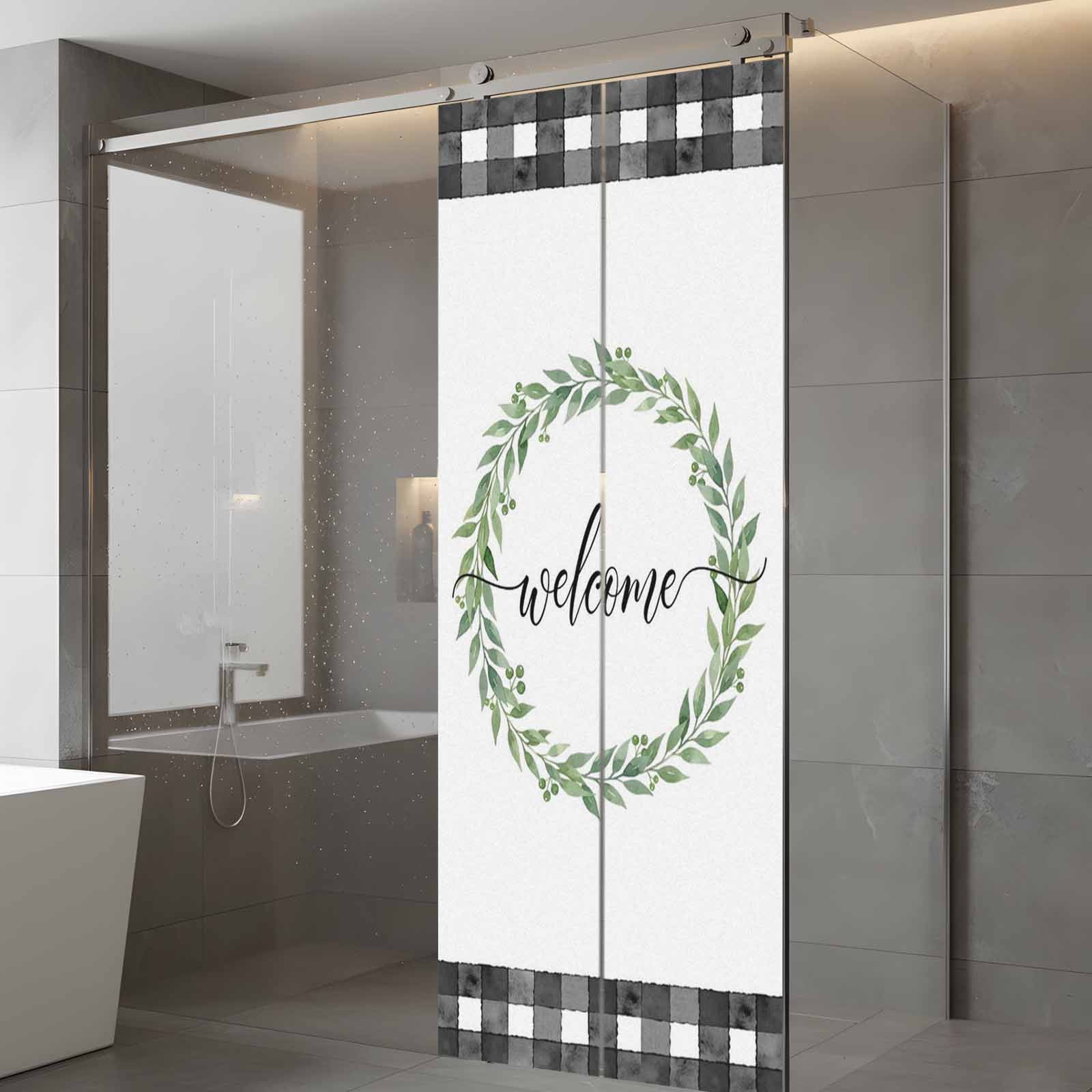 Welcome Window Privacy Film, Vintage Leaf Wreath Plant Black Plaid Border Frosted Glass Window Clings Static Cling UV Heat Blocking Reusable Door Sticker for Bathroom 23.6 x 59 Inch