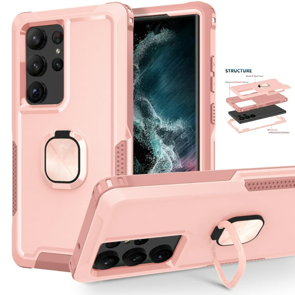 Case for Samsung Galaxy S23 Ultra 6.8" (2023) with 360° Rotating Finger Ring Holder Kickstand Magnetic Shockproof Stand Cover 3-Layer Military Drop Heavy Duty Protection Rugged Case, Rosegold