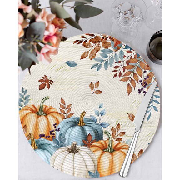 15 Inch Round Placemats Set of 4, Fall Pumpkins Orange Blue Non Slip Heat Insulation PP Table Mats, Thanksgiving Botanical Retro Washable Place Mats for Kitchen Dining Party Table Decor