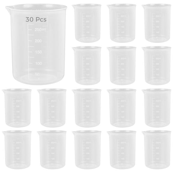 Plastic Graduated Measuring Cups 30 Pcs, Reusable Graduated Measuring Beaker, 250ml Capacity, Tapered Spout, Ideal for labratory, Baking, Cooking