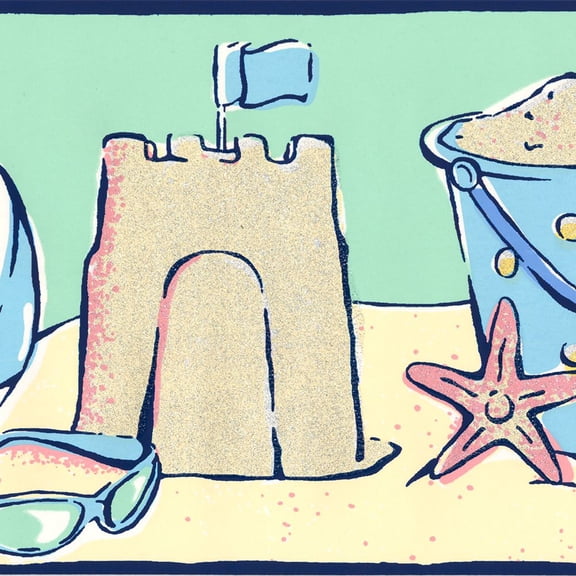 Concord Wallcoverings Wallpaper Border Kids Pattern Day at The Beach for Children Bedroom, Green Pink Dark Beige Blue Yellow, 7 Inches by 15 Feet CK7764B