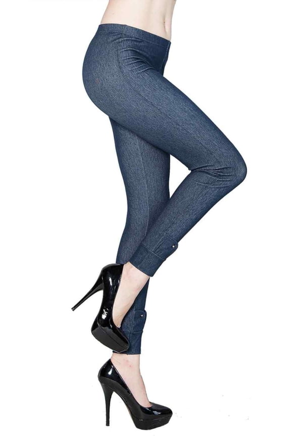 Women's Elastic Waistband Jeggings, Faux Cuff Ankle Detail/Black, One Size