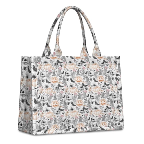 Large Capacity Tote Bag,White Halloween Skull Pumpkin Pattern Handbag Fashion Luxury Tote Bag,15.7"x13"x 5.1" Inches,Laptop Compatible
