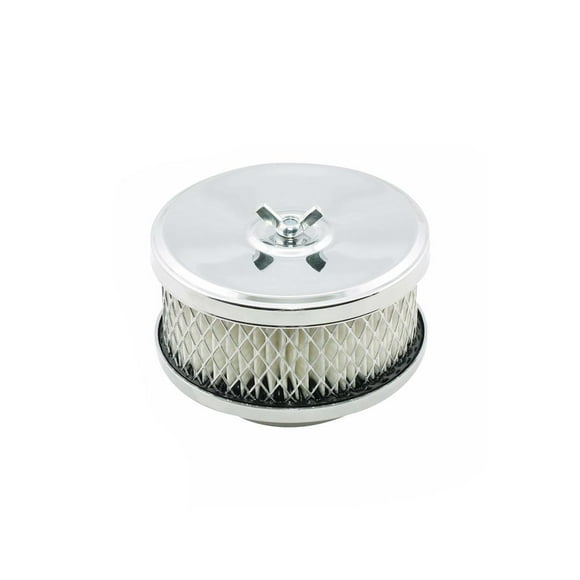 Mr. Gasket Air Cleaner Assembly 4354 Deep-Dish; Fits 1/2 Barrel Carburetors; 2-5/16 Inch Flange or 2-5/8 Inch Flange; 4 Inch Diameter X 2 Inch Height; Round; Chrome Plated; Steel; With Paper Filter