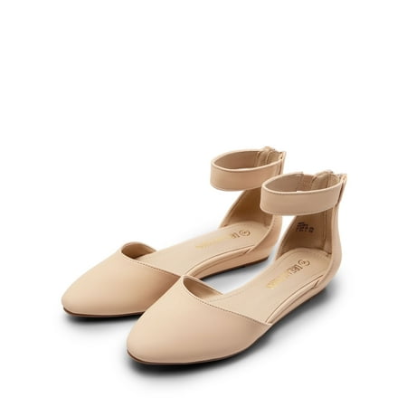 

BURUDANI Women Flats Shoes Low Wedge Sandals Ankle Strap Pointed Toe NUDE/NUBUCK Size 8.5
